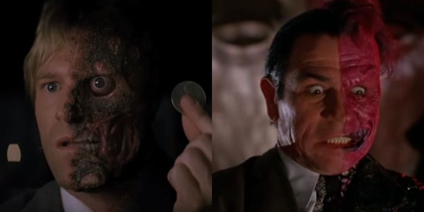 Split image showing Two-Face in The Dark Knight and Two-Face in Batman Forever